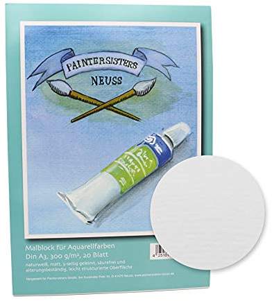 Paintersisters A3 Aquarell Bloc de peinture avec 20 feuilles de 300 g/m² de papier blanc naturel à structure mate