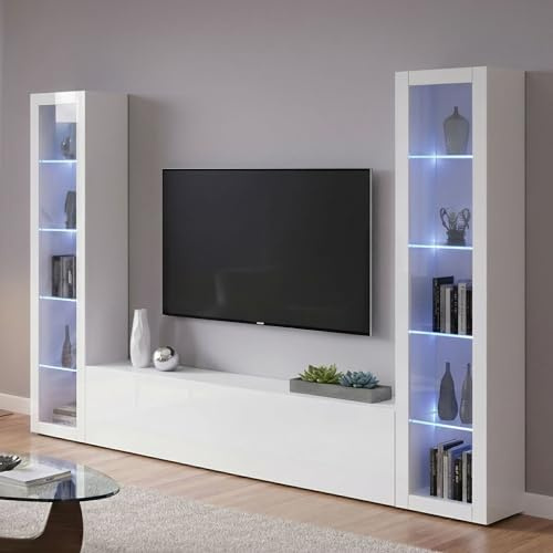 Dmora - Élément mural Gino, meuble TV 3 portes, Meuble de salon polyvalent avec vitrine et lumière LED, 100% Made in Italy, 260x30h180 cm, Blanc brillant