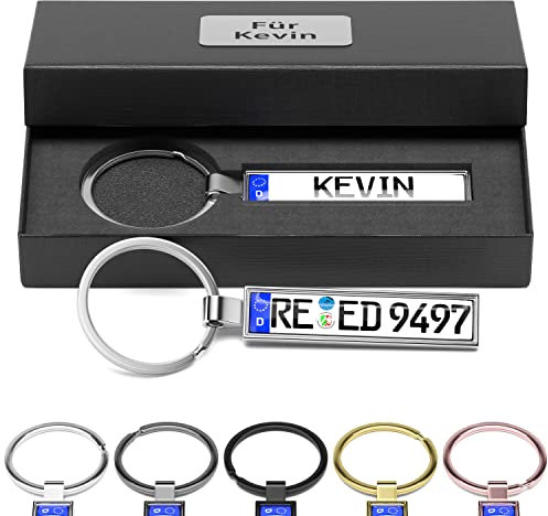 Bl4ckPrint Portachiavi personalizzato per targa a scelta con confezione regalo, mini targa con nome, incisione su entrambi i lati, per gli uomini e gli appassionati di auto, argento, 10x5cm