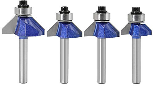 Yakamoz Industrielle Qualität, 4 Stück, 1/4 Zoll Schaft, 45 Grad Fasenfräser-Set mit oberem Lager, abgeschrägte Kante, Forming Router Bits Cutter Holzbearbeitungswerkzeug