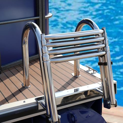 GLZXMQBP Badstege, hopfällbar båtstege, rostfritt stål, båtstege, teleskopisk 4 stegs stege för pool/båt, pool, marin, bakingång, ponton marinyacht med ledstång och breda ribbor