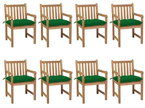 vidaXL 8X Teak Massiv Gartenstuhl mit Grünen Kissen Gartensessel Holzstuhl Stuhl Stühle Sessel Gartenmöbel Gartenstühle Essstuhl Balkon Terrasse