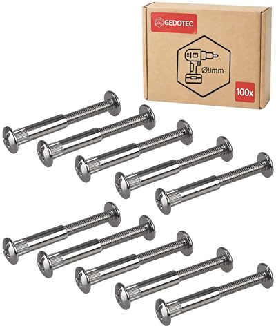 Gedotec möbelskruvar M6 | 100 st. hylsskruvar | förnicklad förbindelseskruv i stål | trätjocklek 65–76 mm | skåpkontakt korsspår PZ2 och platt blad | möbelkontakter skruvar