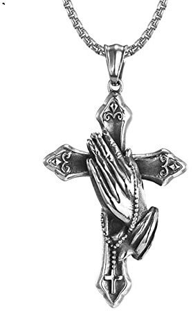 AMDXD Herren Kette Anhänger in Edelstahl, Anhänger Betende Hände Kreuz Herren Ketten Retro für Frauen Männer, Silber