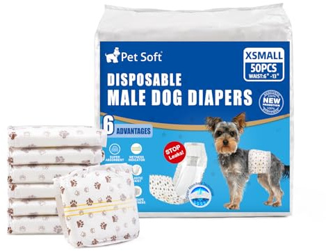 Pet Soft Dog Diapers Male - Disposable Male Dog Wraps Wetness Indicator, Ultra Absorbent Doggie Diapers Comfortable for Incontinence Excitable Urination, 50pcs XSmall