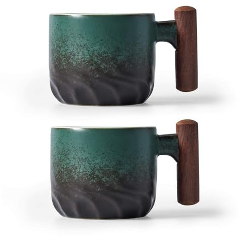 BlogBlog Tazze da caffè in ceramica con manico in legno, tazze da tè in ceramica, tazze da tè o demiasse, per caffè o tè, 56,7 g (verde, 2)