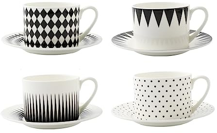 FROOWAN 8 oz Bone China Coffee Cup Set of 4, Geometric Pattern Ceramic Cups with Saucers for Iced Coffee Espresso Latte Cappuccino Tea, Reusable, Porcelain, Dishwasher and Microwave Safe
