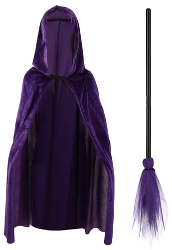Cabilock Witch Cloak and Broom Set 90Cm Velvet Hooded Cape with Lightweight Broomstick for Halloween Cosplay Party Accessories