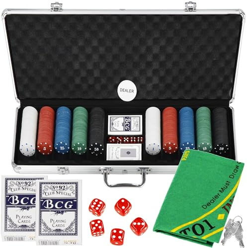 SPRINGOS Pokerspel, 500 marker, 2 kortspel, 5 tärningar, fodral ingår
