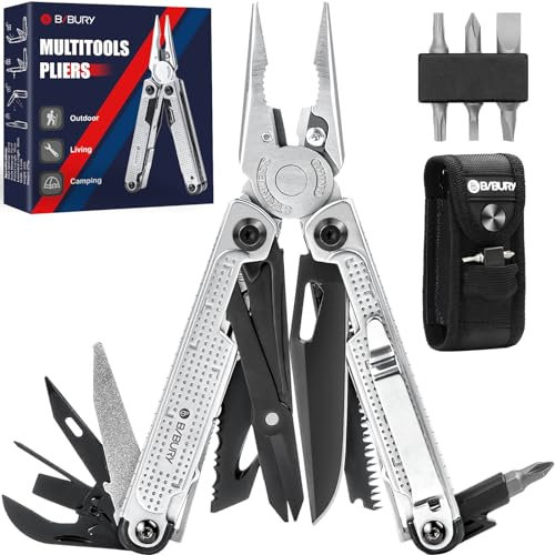 BIBURY Multitools, Multi Tool Foldable Pliers with Upgraded Scissors and Strap Cutter, Stainless Steel Multitools with Nylon Pouch, Ideal for Camping, Outdoor, Repairing - Gift for Dad Men - Black