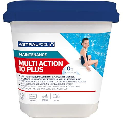Astralpool Multi Action 10 Plus 250g Chlortablette mit 10 Funktionen 5 kg Desinfektion/Algenentfernung/Algenverhütung/Flockung/pH-Senkung/Chlorstabilisierung/Bakterizid/Viruzid/Fungizid/Kalkvermeidung