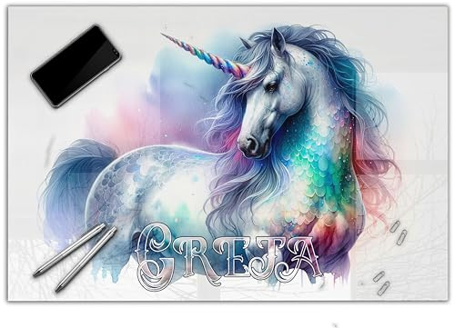 Schreibtischunterlage personalisiert mit Namen | 60 x 40 cm Einhorn bunt | wasserfeste Schreibunterlage, abwischbar, glatt | stabiles, hochwertiges Acrylglas, Kinder Kunststoff