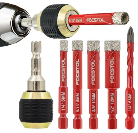 FOCSTOL Punte Trapano Diamantata e Trapano al Carburo e Biella a Cambio Rapido con Codolo Esagonale a Cambio Rapido per Gres Porcellanato Ceramica Granito Marmo 6 pezzi (6/8/10/12mm+6mm+6,35mm)
