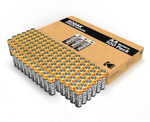 Kodak Xtralife 100-Pack AA Batteries, Double A Alkaline Battery Pack, 1.5V, 10-Year Shelf Life, LR6, Bulk Value Pack for High-Usage, High-Drain Devices, 12x More Power