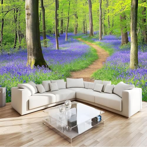 Fototapete 3D Wald Weg Lila Blumen Vliestapete Wohnzimmer Schlafzimmer 250x175 cm Vlies Tapete Art Wandtapete UV-Beständig Wanddekoration Tapete