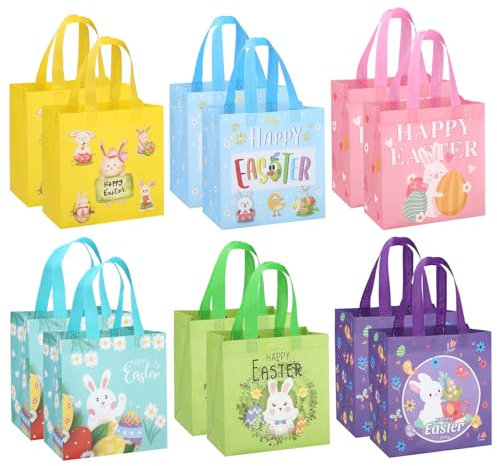Zaxiva 12 sacs Pâques avec poignées, sachet cadeau Pâques réutilisable, panier Pâques pour chasse aux œufs de Pâques, sachet Pâques enfant, sac Pâques idéal pour cadeaux et décoration de fête