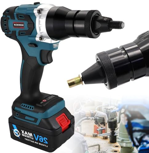 GLJTUO Herramienta Remachadora Inalámbrica con Baterías, Kit De Herramienta Remachadora Ciega Automática Eléctrica Sin Escobillas para Tuercas Remachables M3 M4 M5 M6 M8 M10 M1,5200mAh-2Battery