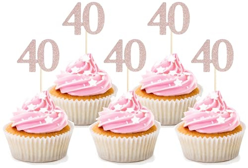 Sotpot 30PCS 40th Birthday Cupcake Toppers Rose Gold Glitter 40th Cupcake Picks for Happy 40th Birthday Party Decorations