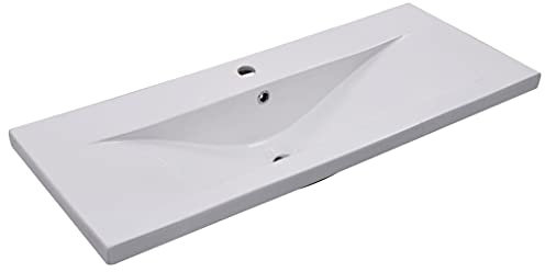 Lavabo empotrable 101 x 39,5 x 18,5 cm, cerámica blanca, moderno lavabo para baño y aseo de invitados, duradero y fácil de limpiar