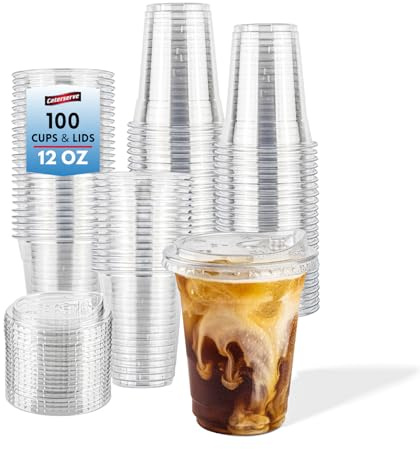 Caterserve 100 Clear 12oz Cups with Sip Through Lids – Great for Smoothies,Iced Drinks,slushies at Cafes, Restaurants, Events, and Takeaway Service
