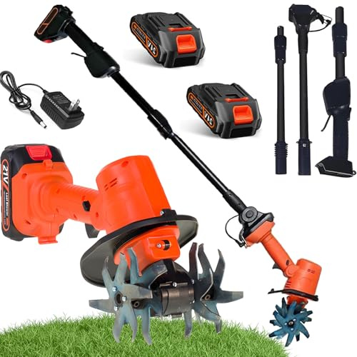 Cordless Electric Garden Tiller, cultivator handheld with telescopic pole 2 batteries 21v lithium-ion 10cm depth width soil loosening weeding machine for farm garden greenhouse