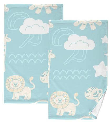 Funny Giraffe Monkey Baby Blue Decorative barhroom Towels Childrens washcloths Set of 2 28 x 16 Toallas