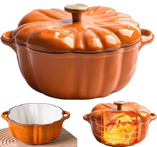 Casserole en fonte émaillée avec couvercle, pour Thanksgiving, décoration d'automne et d'Halloween, marmite à soupe, moule à pâtisserie, passe au four et au four (1,5 l)