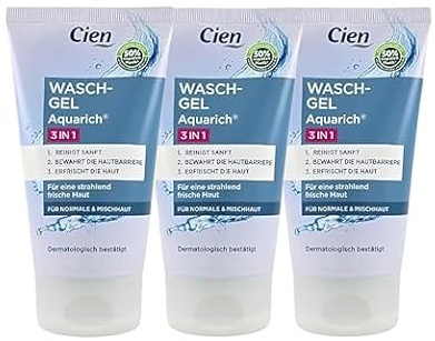 Cien Aquarich Lot de 3 gels lavants 3 en 1 150 ml – Nettoyage quotidien du visage pour peaux normales et mixtes | Nettoie en douceur, préserve la barrière cutanée et rafraîchit | Avec vitamine E et