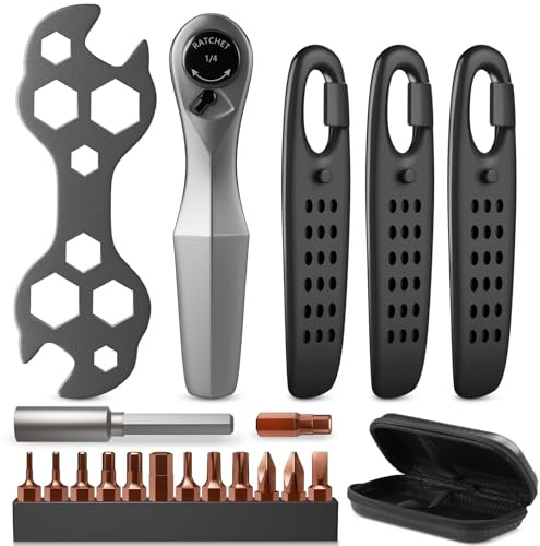 Fahrrad Werkzeugset Mini Ratsche Set, Klein Fahrrad 1/4 Ratschenschlüssel Set mit 13 Teiliges Schraubwerkzeug Set, 1 Verlängerungsstange, 3 Reifenheber, Sechskant-Blumenschlüssel für Unterwegs