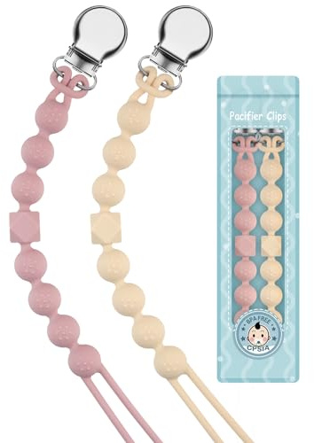 Yolnkos Cadenas Chupetes Silicona Clips De Chupete Para Bebé Porta Sujetadores Mordedores Chupetero Soothie Clip Sujeta Holder Niños Niñas Diseño de Una Pieza 2pcs(Beige,Rosa)