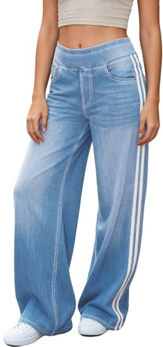LaiEr Jean à Jambe Large pour Femme Design Unique à Blocs de Couleurs, Taille Haute avec Contention Abdominale, Coupe Droite et Ample.Denim en Pantalons à Haute élasticité(LightBlueNostalgic,M)