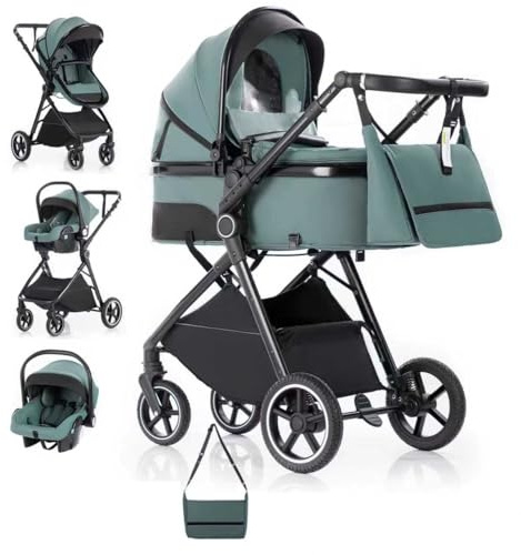 Gcarebb 3 in 1 Prams Travel System, Pushchair with Height Adjustable Handle, Travel Pram with Rain Cover, Baby Stroller with Aluminum Frame for Newborn