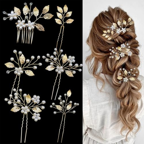 6 Pezzi Forcine per capelli da sposa Oro con cristalli e Perle, Accessori per Capelli da Sposa Eleganti Forcine per Capelli per Donne Sposa Damigella d'Onore Ragazze