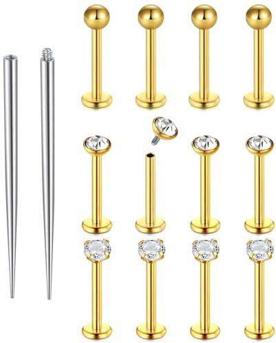 Funseedrr 12 Stücke Lippenstecker & Labretstangen mit Piercing-Taper, Edelstahl & Zirkon 16G 6/8/10 mm Silber/Gold/Schwarz für Helix Tragus Labret Ohr Stecker Lippe Nase Piercing-Schmuck