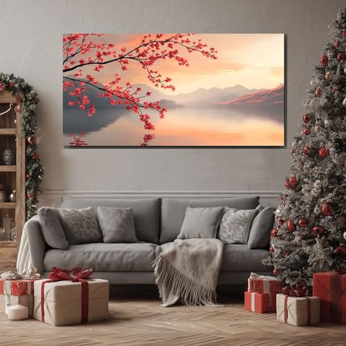 ZORYAN Tableau Decoration Murale pour Salon Japonais 50x100 cm | Fleur de Cerisier Impression sur Toile Moderne Nature Montagne Affiche Poster Zen Branche de Sakura Chambre Adulte Sans Cadre