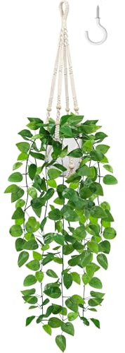 USLAI Fake Hanging Plant, Artificial Pothos Vines Greenery with Pot and Macrame Plant Hanger for Indoor Outdoor Boho Decor