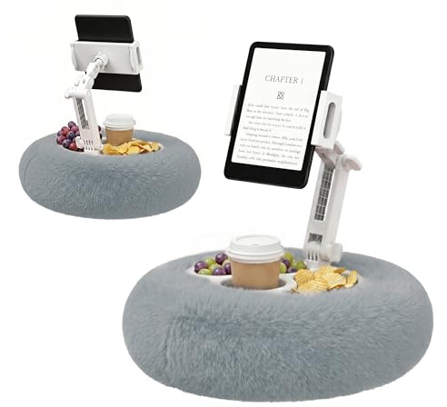 PlusAcc Kindle Kissenständer mit 3 Snackschalen – Tablet-Halter-Kissen, 360° verstellbar für den Einsatz auf dem Schoß, freihändiger Leseständer für Kindle, Kobo, Tablets, waschbares Kissen (Grau)
