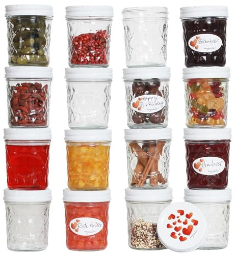megusta!® 16 vasetti per conserve | 200 ml | motivo a diamante | coperchi con motivo a cuore | per marmellata, dessert, herbe, yogurt | cuocere e congelare | + 16 etichette