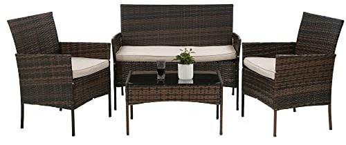 Juego de muebles de patio de 4 piezas, muebles de mimbre para exteriores, juegos de conversación con cojín suave y mesa de cristal para patio, piscina o patio, color marrón