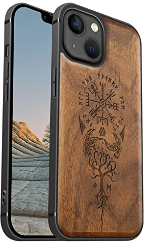 Carveit Magnetisch Hülle für iPhone 13 [Elegante Walnuss] [Weich TPU Stoßstange] Stoßfeste Handyhülle Kompatibel mit 13 Magsafe Hülle Holz （Wikingerkompass Vegvisir） | Handyhulle kompatibel MagSafe Massivholz für iPhone 13 Handyhülle Stoßstange Weich TPU Case