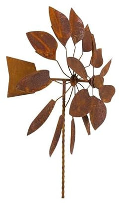 L'Héritier Du Temps Eolienne Moulin à Vent Double Hélices Mobile Décoration de Jardin en Acier Brut Oxydé 48x52x216cm