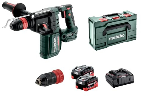 metabo Akku-Kombihammer KH 18 LTX BL 28 Q, 18V Bohrhammer, SDS-Plus & 3 J | Bürstenlos, inkl. 2 x 5,5 Ah LiHD Akkus, Ladegerät ASC 145, metaBOX 165 L, Hammerfutter & Schnellspannbohrfutter