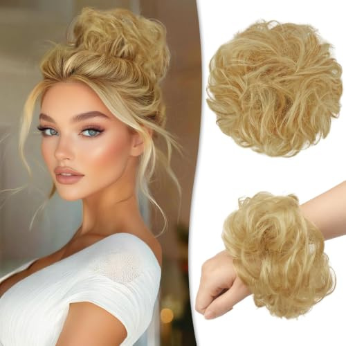 RUWISS Unordentlicher Haarteil 100% Echthaar Rose Dutt für Frauen Echthaar Scrunchies Hochsteckfrisur Haarteile Gelockt Bun Verlängerung（Goldene Blondine）