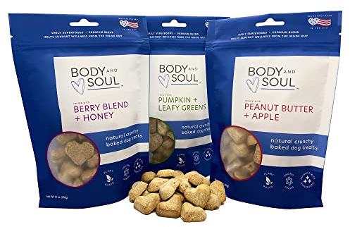 Body and Soul Superfood Crunchy Healthy Dog Treats 3 Pack Variety - Peanut Butter + Apple, Pumpkin + Leafy Greens, Berry Blend + Honey - Plant-Based Biscuits Baked with Ancient Grains - Made in USA