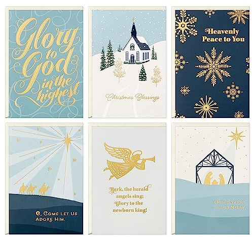 Hallmark Religious Christmas Card Assortment, Heavenly Peace (36 Cards and Envelopes) Dusty Blue and Gold Foil