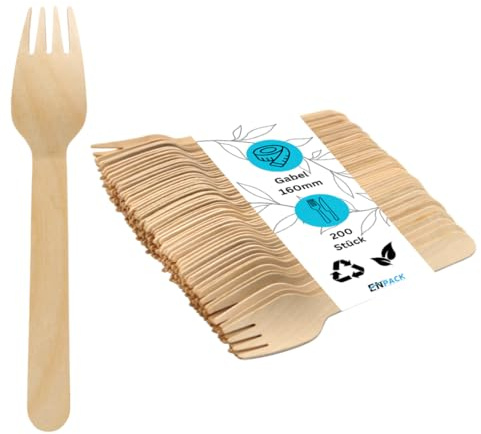 Enpack Holzgabeln Einweg 200 Stück - Besteck Einweg (Gabeln) 160mm - Kuchengabeln Pommesgabel Fingerfood Zubehör - Gabel aus Holz für Grillparty, Picknick, Partygeschirr - Einmalbesteck Einweg Gabel