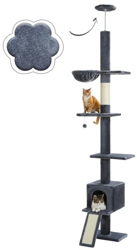 PAWZ Road Cat Tree Floor to Ceiling with Height Adjustable 216cm to 273cm, Cat Tower with Cat Condo, Hammock, Scratching Post and Ladder, Anti-Fall Belt, 5 Tiers Tall Climbing Tree Dark Grey