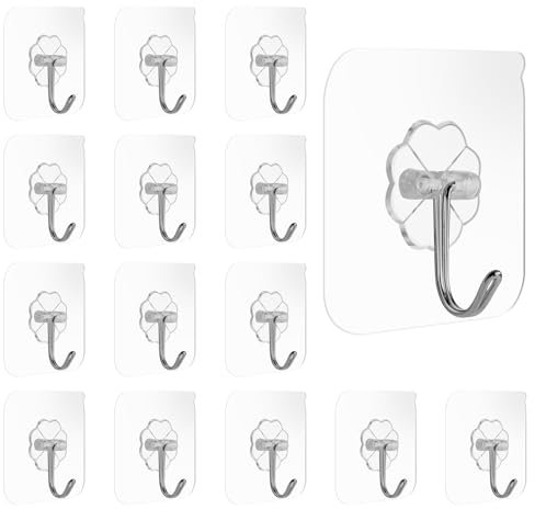 KINDOYO Heavy Duty Adhesive Wall Hooks - 15Pcs Transparent Seamless Nail Free Sticky Utility Ceiling Hooks for Hanging in Kitchen, Bathroom, Office - Stainless Steel