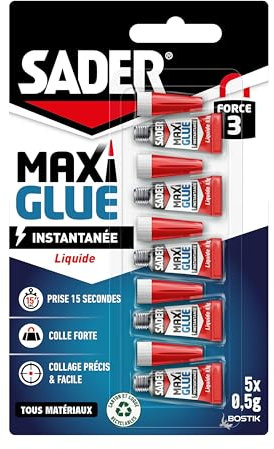 Sader Maxiglue Liquide – Super Glue Universelle – Tous Matériaux – Colle de Réparation à Prise Rapide – Colle Extra Forte –Transparente – 5 Tubes de 0,5 g