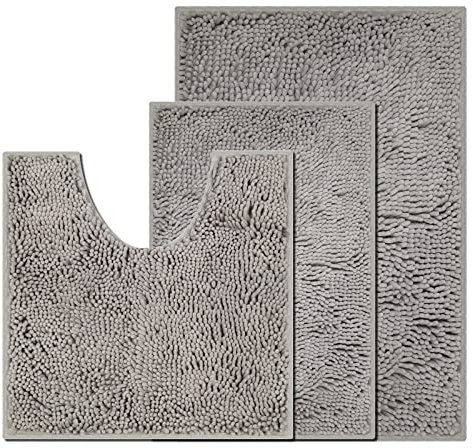wyewye Chenille Badezimmer Set 3 Stück, Badteppich rutschfest Waschbar, Bequem und Weich Badvorleger Badezimmerteppich für Duschen, Badewannen, Toiletten, Hellgrau